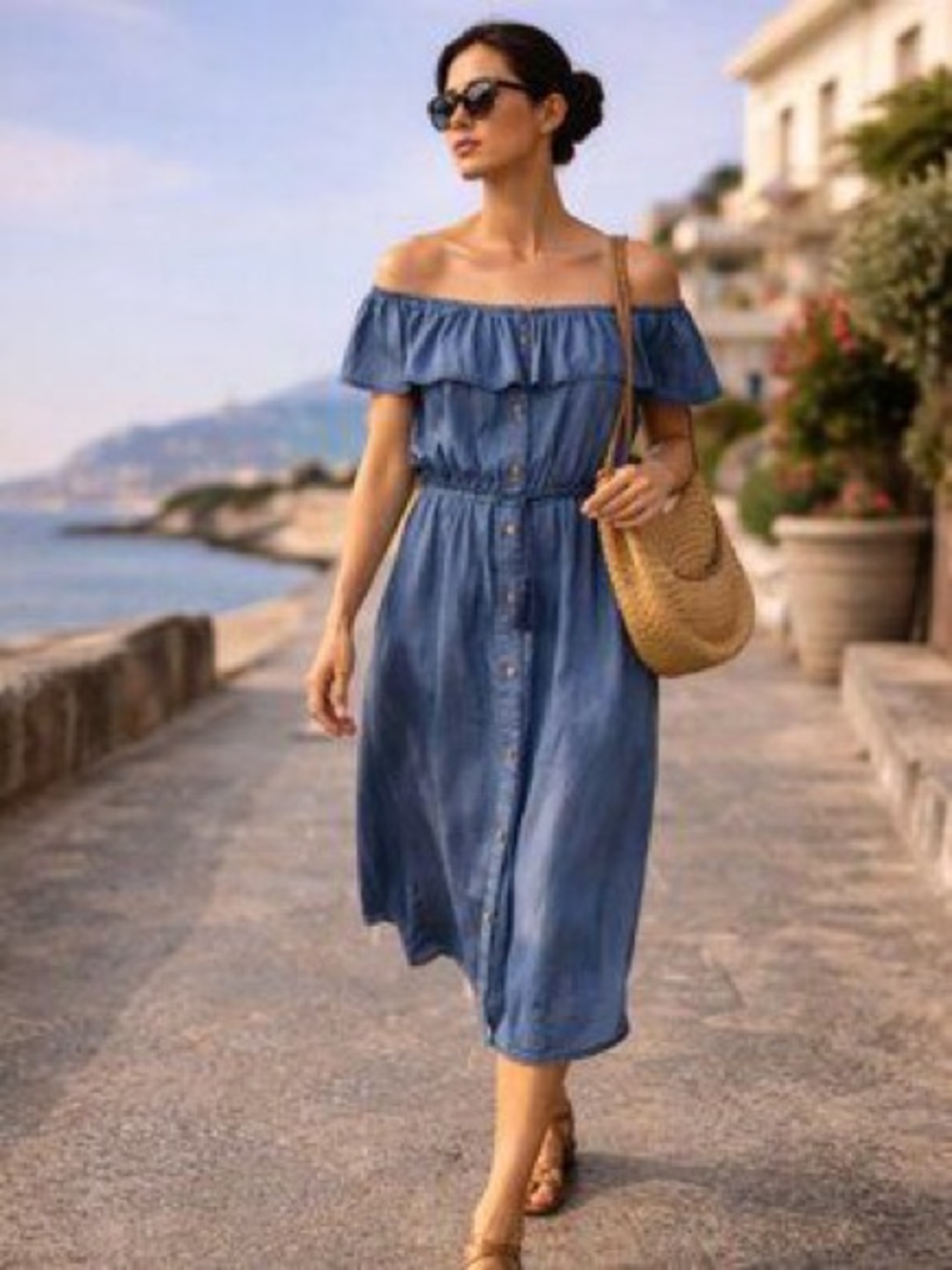 Tommy Bahama Chambray Off-the-Shoulder Midi Dress.